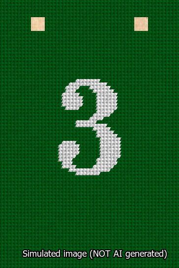 A simulated image of the stitched needlepoint design: Banner 13m Squared 3 White on Green. Not A.I. generated.