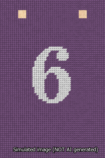A simulated image of the stitched needlepoint design: Banner 13m Squared 6 White on Purple. Not A.I. generated.