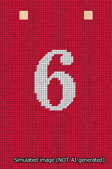 A simulated image of the stitched needlepoint design: Banner 13m Squared 6 White on Red. Not A.I. generated.