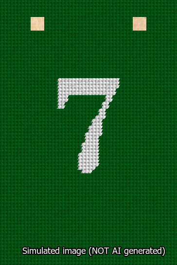 A simulated image of the stitched needlepoint design: Banner 13m Squared 7 White on Green. Not A.I. generated.