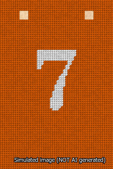 A simulated image of the stitched needlepoint design: Banner 13m Squared 7 White on Orange. Not A.I. generated.