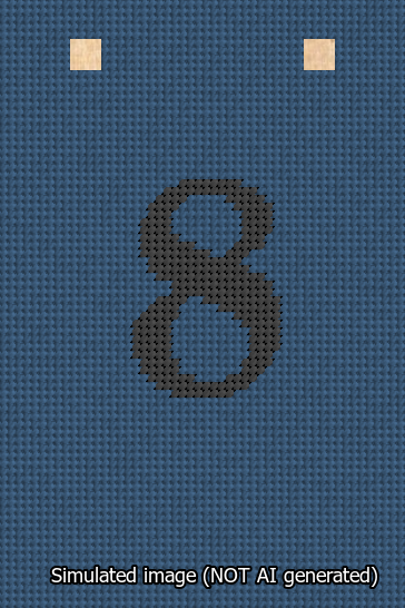 A simulated image of the stitched needlepoint design: Banner 13m Squared 8 Black on Blue. Not A.I. generated.