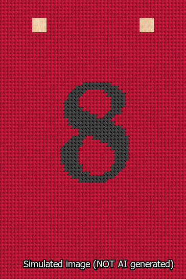 A simulated image of the stitched needlepoint design: Banner 13m Squared 8 Black on Red. Not A.I. generated.