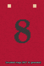 A simulated image of the stitched needlepoint design: Banner 13m Squared 8 Black on Red. Not A.I. generated.