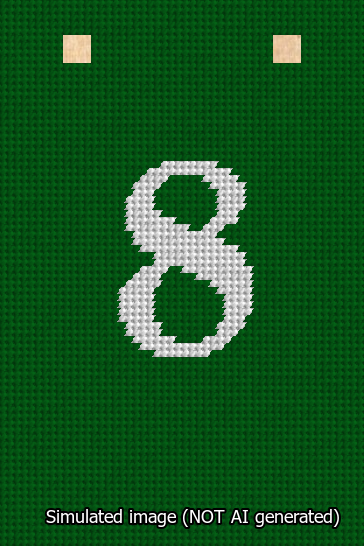 A simulated image of the stitched needlepoint design: Banner 13m Squared 8 White on Green. Not A.I. generated.