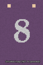 A simulated image of the stitched needlepoint design: Banner 13m Squared 8 White on Purple. Not A.I. generated.
