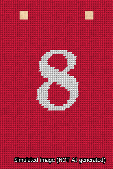 A simulated image of the stitched needlepoint design: Banner 13m Squared 8 White on Red. Not A.I. generated.