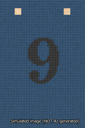 A simulated image of the stitched needlepoint design: Banner 13m Squared 9 Black on Blue. Not A.I. generated.