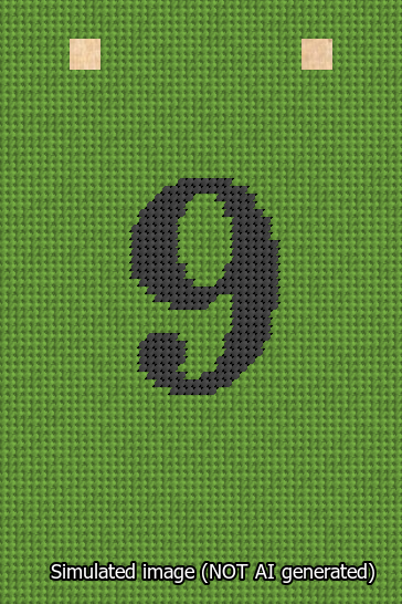 A simulated image of the stitched needlepoint design: Banner 13m Squared 9 Black on Light Green. Not A.I. generated.
