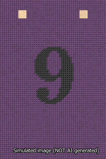 A simulated image of the stitched needlepoint design: Banner 13m Squared 9 Black on Purple. Not A.I. generated.