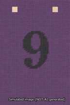 A simulated image of the stitched needlepoint design: Banner 13m Squared 9 Black on Purple. Not A.I. generated.