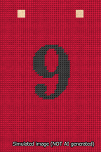 A simulated image of the stitched needlepoint design: Banner 13m Squared 9 Black on Red. Not A.I. generated.