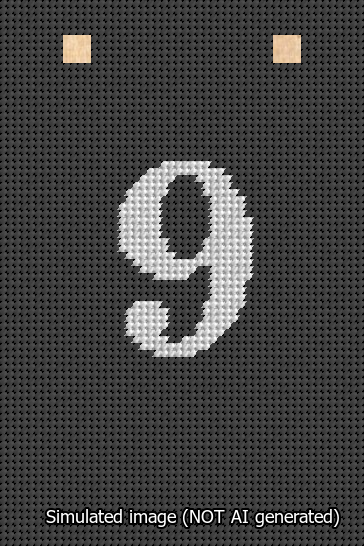 A simulated image of the stitched needlepoint design: Banner 13m Squared 9 White on Black. Not A.I. generated.