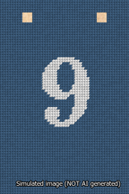 A simulated image of the stitched needlepoint design: Banner 13m Squared 9 White on Blue. Not A.I. generated.