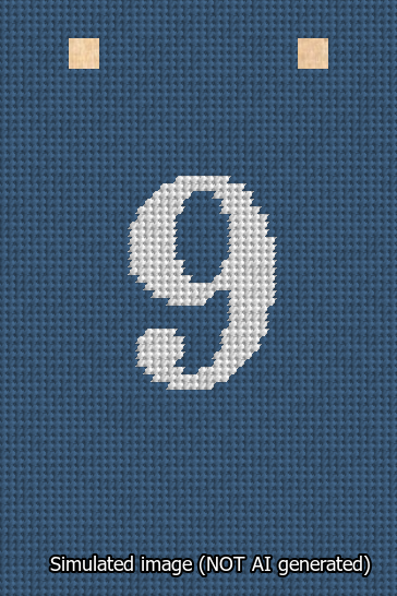 A simulated image of the stitched needlepoint design: Banner 13m Squared 9 White on Blue. Not A.I. generated.