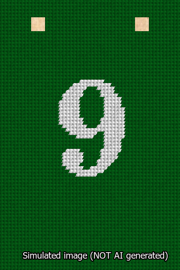 A simulated image of the stitched needlepoint design: Banner 13m Squared 9 White on Green. Not A.I. generated.