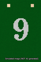 A simulated image of the stitched needlepoint design: Banner 13m Squared 9 White on Green. Not A.I. generated.