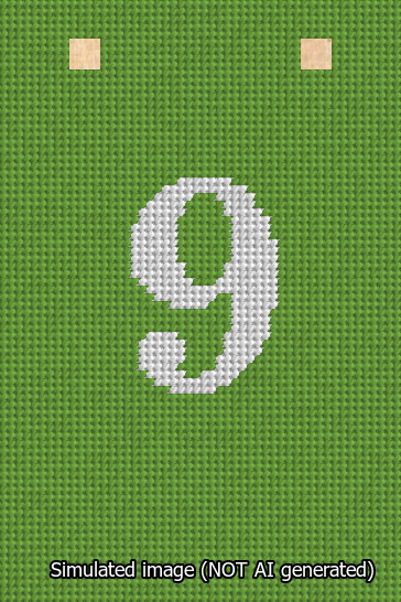 A simulated image of the stitched needlepoint design: Banner 13m Squared 9 White on Light Green. Not A.I. generated.