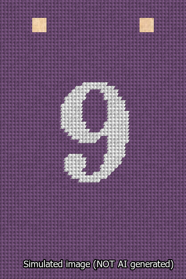A simulated image of the stitched needlepoint design: Banner 13m Squared 9 White on Purple. Not A.I. generated.