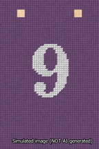 A simulated image of the stitched needlepoint design: Banner 13m Squared 9 White on Purple. Not A.I. generated.