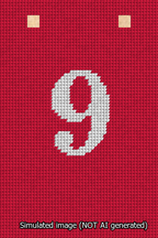 A simulated image of the stitched needlepoint design: Banner 13m Squared 9 White on Red. Not A.I. generated.