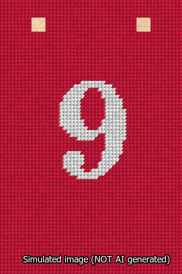 A simulated image of the stitched needlepoint design: Banner 13m Squared 9 White on Red. Not A.I. generated.