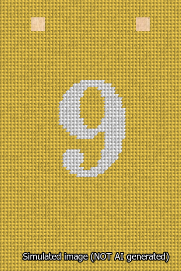 A simulated image of the stitched needlepoint design: Banner 13m Squared 9 White on Yellow. Not A.I. generated.