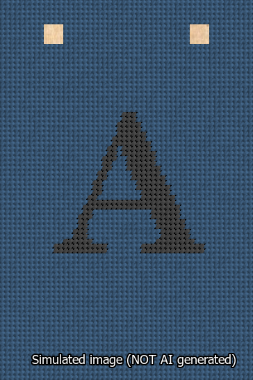 A simulated image of the stitched needlepoint design: Banner 13m Squared A Black on Blue. Not A.I. generated.