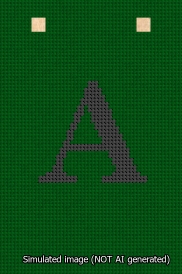 A simulated image of the stitched needlepoint design: Banner 13m Squared A Black on Green. Not A.I. generated.