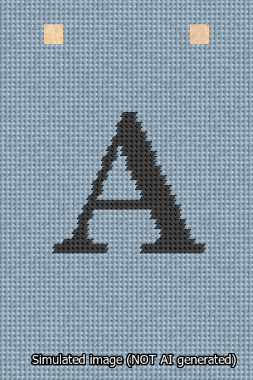 A simulated image of the stitched needlepoint design: Banner 13m Squared A Black on Light Blue. Not A.I. generated.