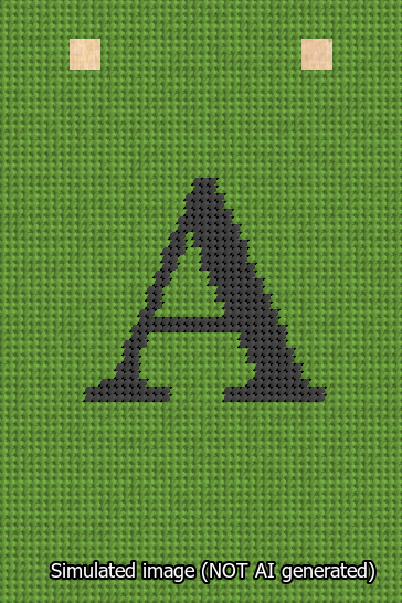 A simulated image of the stitched needlepoint design: Banner 13m Squared A Black on Light Green. Not A.I. generated.