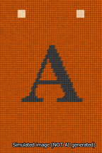 A simulated image of the stitched needlepoint design: Banner 13m Squared A Black on Orange. Not A.I. generated.
