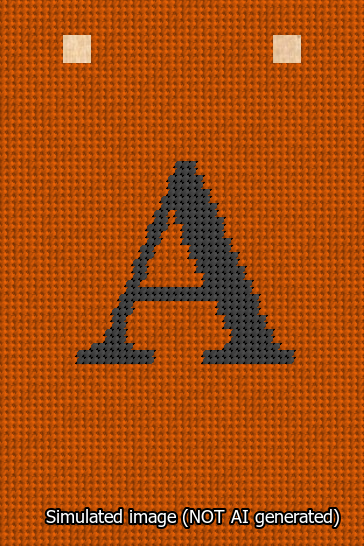 A simulated image of the stitched needlepoint design: Banner 13m Squared A Black on Orange. Not A.I. generated.