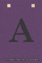 A simulated image of the stitched needlepoint design: Banner 13m Squared A Black on Purple. Not A.I. generated.