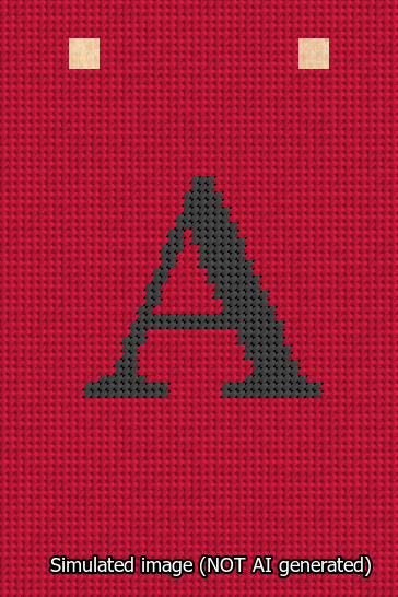 A simulated image of the stitched needlepoint design: Banner 13m Squared A Black on Red. Not A.I. generated.