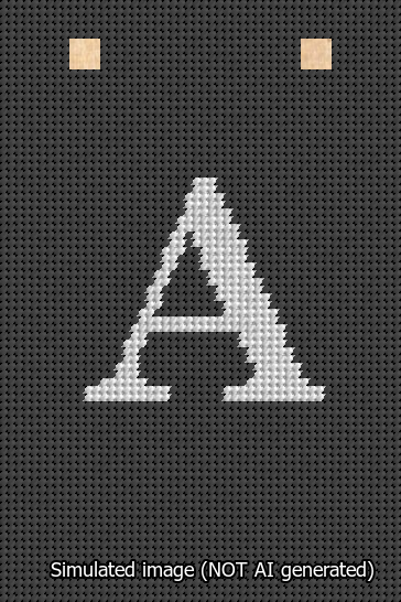 A simulated image of the stitched needlepoint design: Banner 13m Squared A White on Black. Not A.I. generated.
