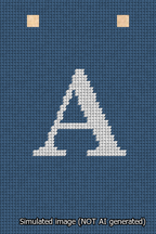 A simulated image of the stitched needlepoint design: Banner 13m Squared A White on Blue. Not A.I. generated.