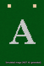 A simulated image of the stitched needlepoint design: Banner 13m Squared A White on Green. Not A.I. generated.