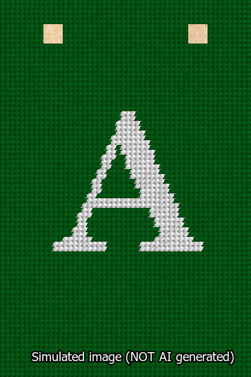 A simulated image of the stitched needlepoint design: Banner 13m Squared A White on Green. Not A.I. generated.