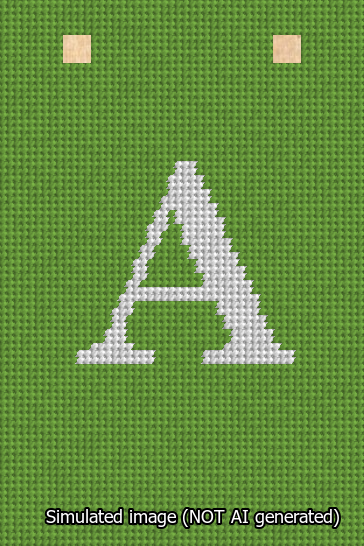 A simulated image of the stitched needlepoint design: Banner 13m Squared A White on Light Green. Not A.I. generated.