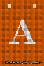 A simulated image of the stitched needlepoint design: Banner 13m Squared A White on Orange. Not A.I. generated.
