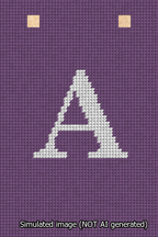 A simulated image of the stitched needlepoint design: Banner 13m Squared A White on Purple. Not A.I. generated.