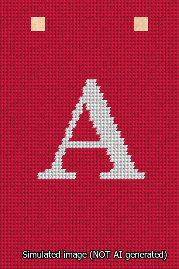 A simulated image of the stitched needlepoint design: Banner 13m Squared A White on Red. Not A.I. generated.