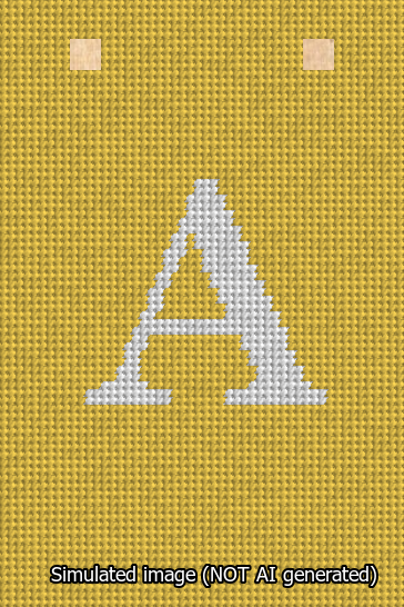A simulated image of the stitched needlepoint design: Banner 13m Squared A White on Yellow. Not A.I. generated.