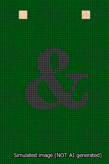 A simulated image of the stitched needlepoint design: Banner 13m Squared Ampersand Black on Green. Not A.I. generated.