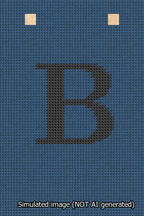 A simulated image of the stitched needlepoint design: Banner 13m Squared B Black on Blue. Not A.I. generated.
