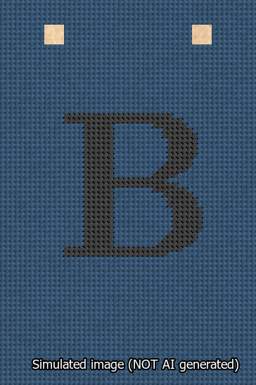 A simulated image of the stitched needlepoint design: Banner 13m Squared B Black on Blue. Not A.I. generated.