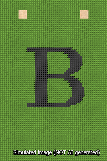 A simulated image of the stitched needlepoint design: Banner 13m Squared B Black on Light Green. Not A.I. generated.