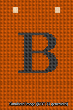A simulated image of the stitched needlepoint design: Banner 13m Squared B Black on Orange. Not A.I. generated.