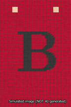 A simulated image of the stitched needlepoint design: Banner 13m Squared B Black on Red. Not A.I. generated.